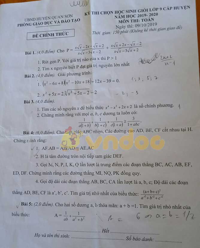 Đề thi chọn học sinh giỏi lớp 9 môn Toán Phòng GD&ĐT huyện Quan Sơn năm học 2019 - 2020