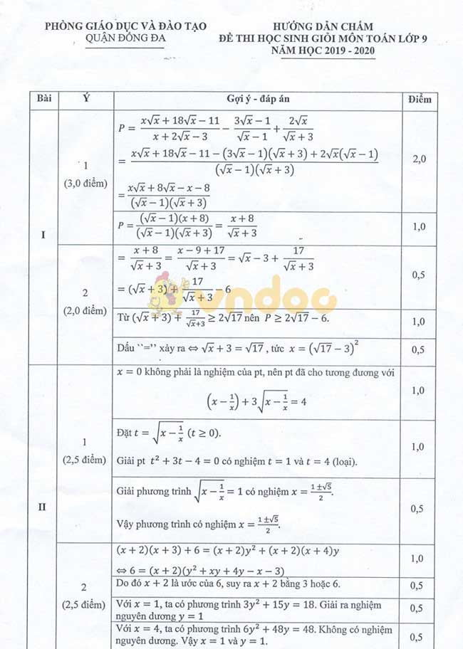 Đề thi chọn học sinh giỏi lớp 9 môn Toán Phòng GD&ĐT quận Đống Đa năm học 2019 - 2020