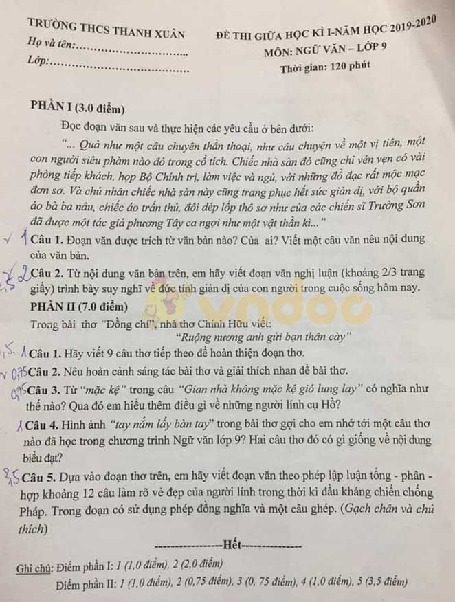 Đề thi giữa học kì 1 lớp 9 môn Ngữ văn Trường THCS Thanh Xuân năm học 2019 - 2020