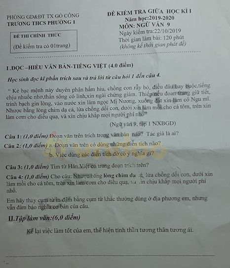 Đề thi giữa học kì 1 lớp 9 môn Ngữ văn Trường THCS Phường 1, Gò Công năm học 2019 - 2020
