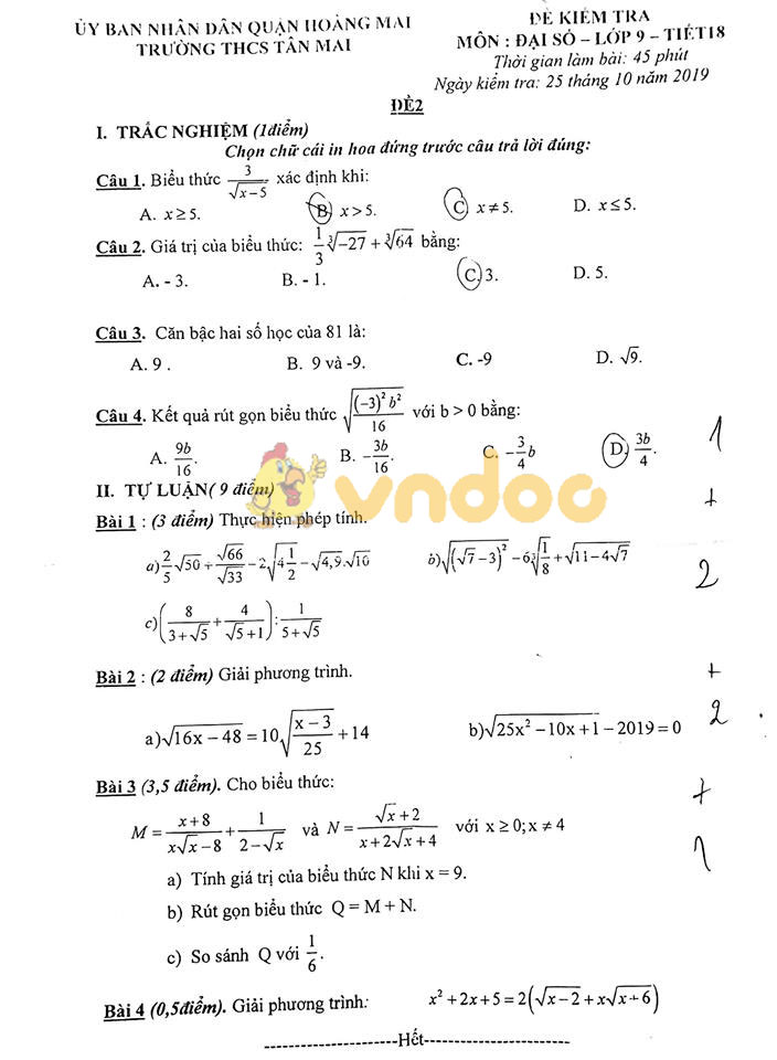 Đề kiểm tra 1 tiết môn Toán lớp 9 trường THCS Tân Mai, Quận Hoàng Mai năm học 2019 - 2020 (đề 2)