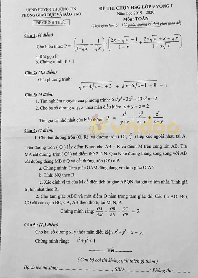 Đề thi chọn học sinh giỏi lớp 9 môn Toán Phòng GD&ĐT huyện Thường Tín năm học 2019 - 2020 (vòng 1)
