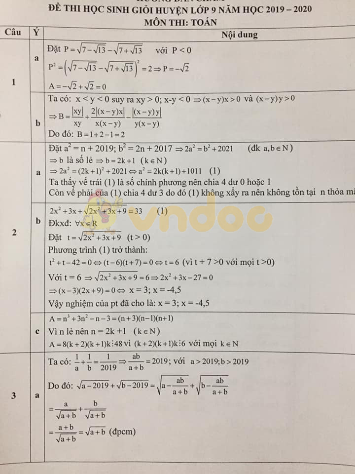 Đề thi chọn học sinh giỏi lớp 9 môn Toán Phòng GD&ĐT Nam Đàn năm học 2019 - 2020