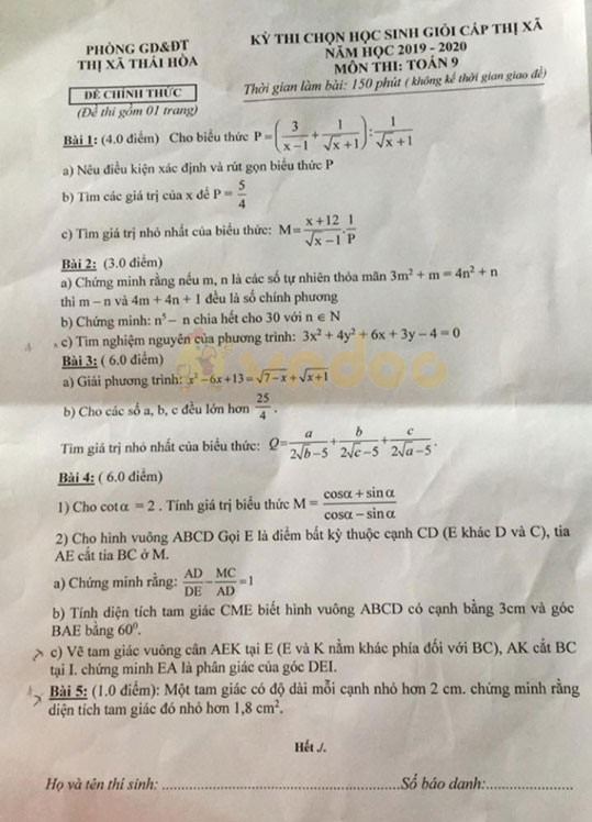 Đề thi chọn học sinh giỏi lớp 9 môn Toán Phòng GD&ĐT thị xã Thái Hòa năm học 2019 - 2020