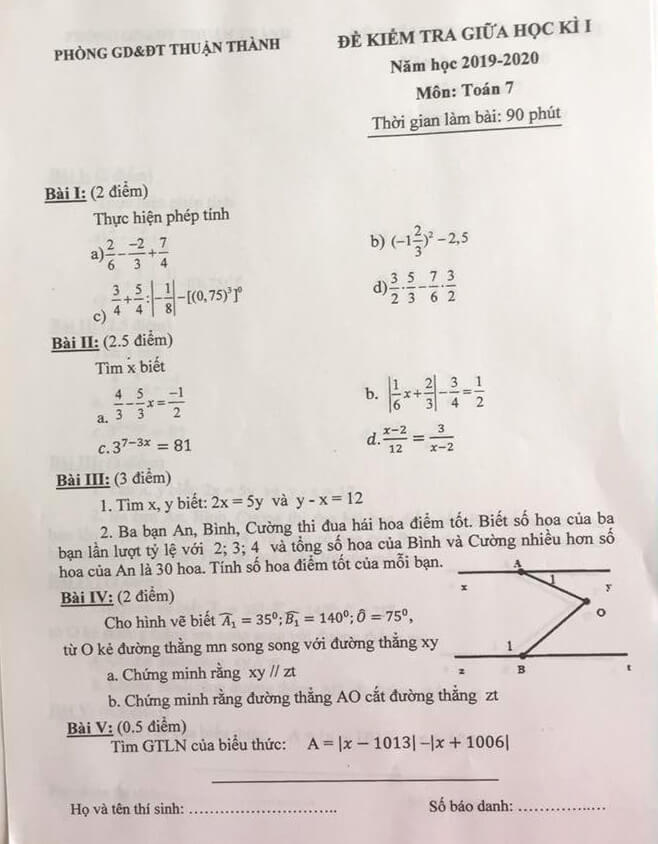 Đề thi giữa kì 1 lớp 7 môn Toán