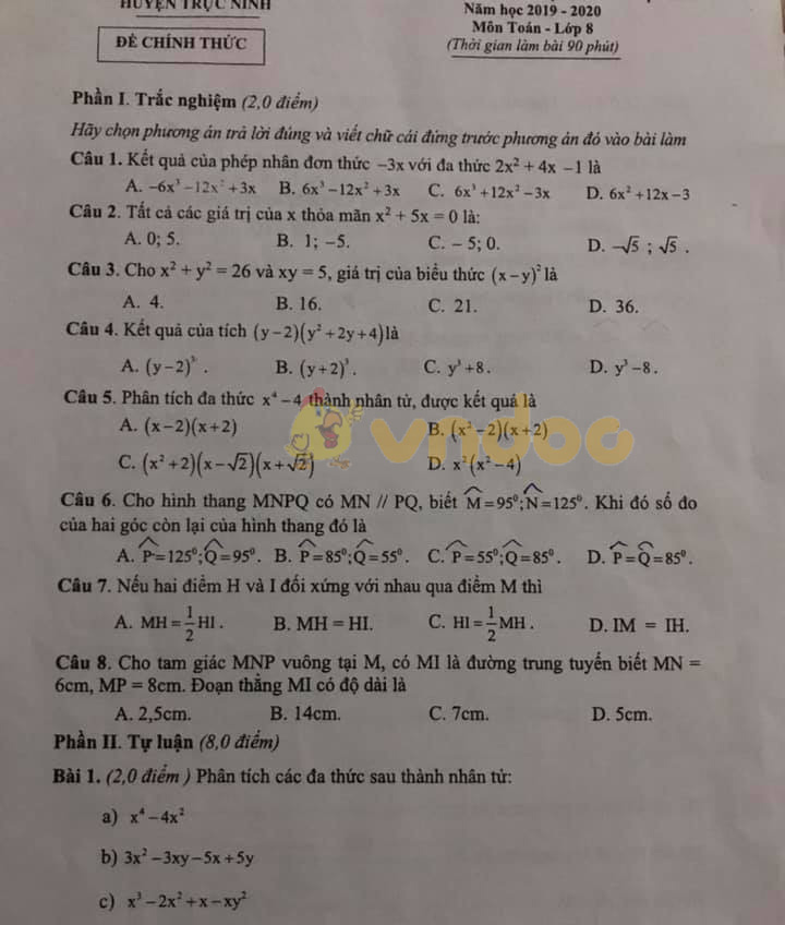 Đề thi giữa học kì 1 lớp 8 môn Toán Phòng GD&ĐT huyện Trực Ninh năm học 2019 - 2020