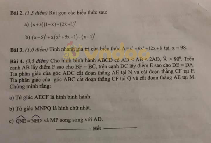 Đề thi giữa học kì 1 lớp 8 môn Toán Phòng GD&ĐT huyện Trực Ninh năm học 2019 - 2020