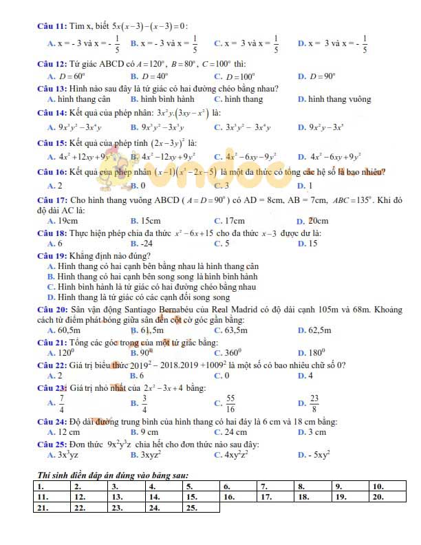 Đề thi giữa học kì 1 lớp 8 môn Toán Trường THCS Cương Chính năm học 2019 - 2020