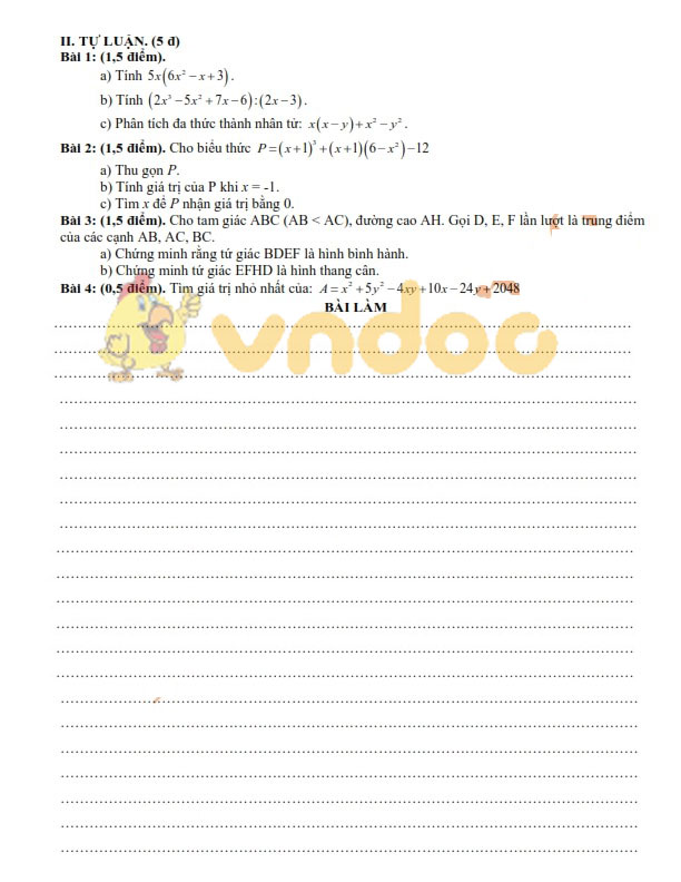 Đề thi giữa học kì 1 lớp 8 môn Toán Trường THCS Cương Chính năm học 2019 - 2020