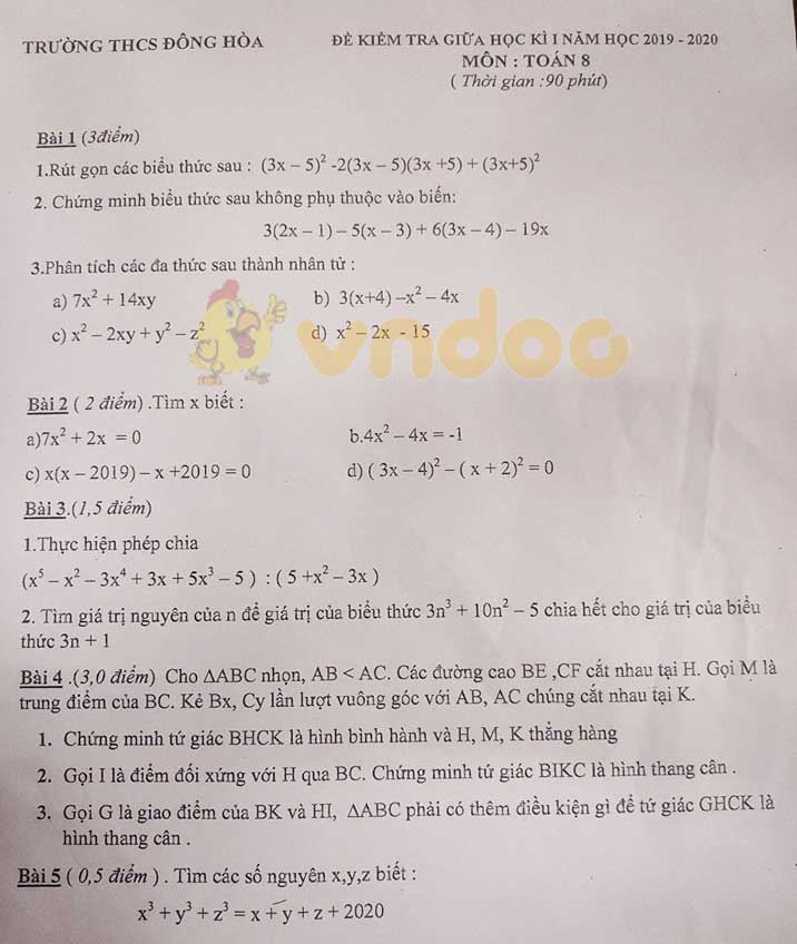 Đề thi giữa học kì 1 lớp 8 môn Toán Trường THCS Đông Hòa năm học 2019 - 2020