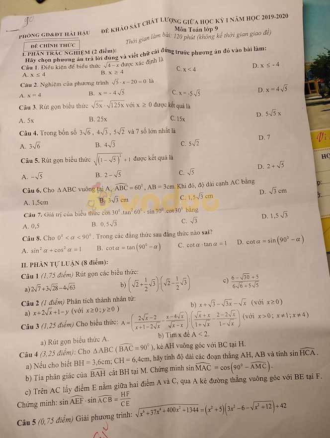 Đề thi giữa học kì 1 lớp 9 môn Toán Phòng GD&ĐT Hải Hậu năm học 2019 - 2020