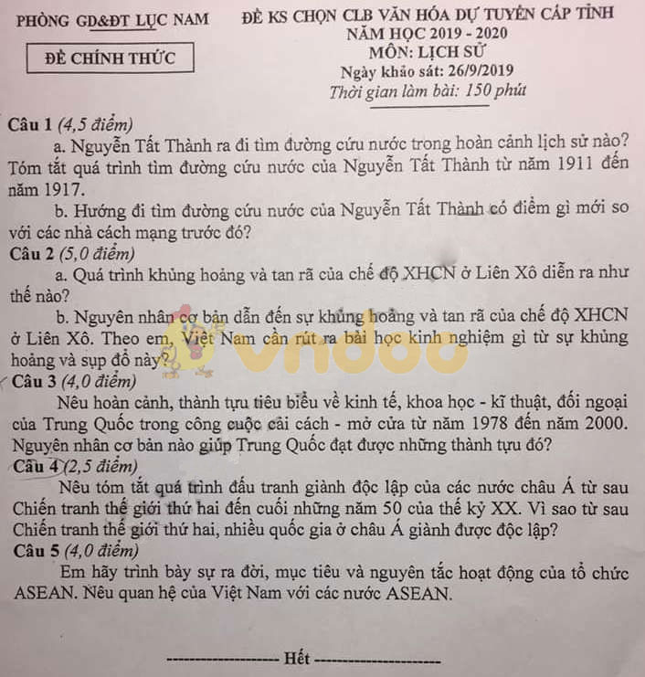 Đề thi chọn học sinh giỏi cấp tỉnh lớp 9 môn Lịch sử Phòng GD&ĐT Lục Nam năm học 2019 - 2020