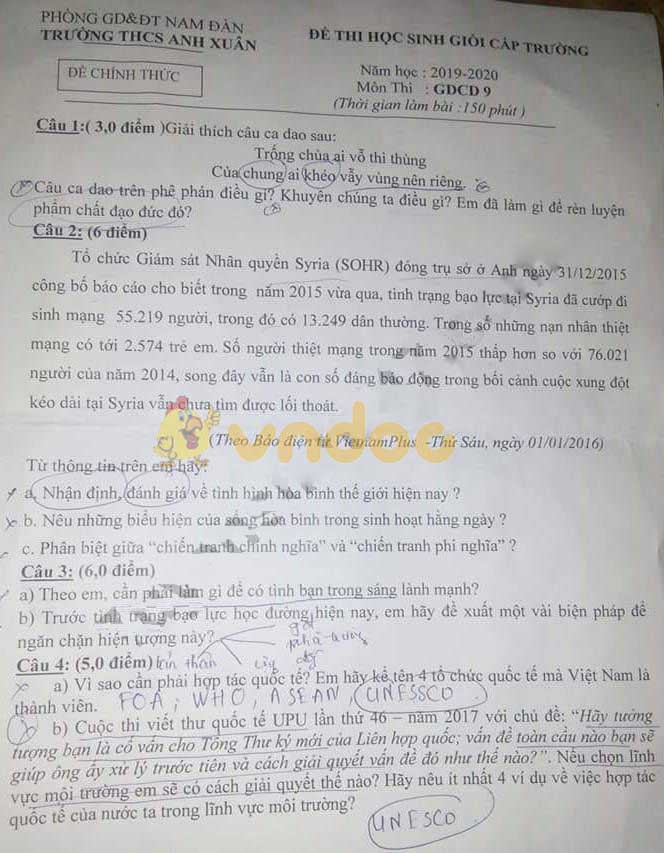 Đề thi chọn học sinh giỏi cấp trường lớp 9 môn GDCD trường THCS Anh Xuân, Nam Đàn năm học 2019 - 2020