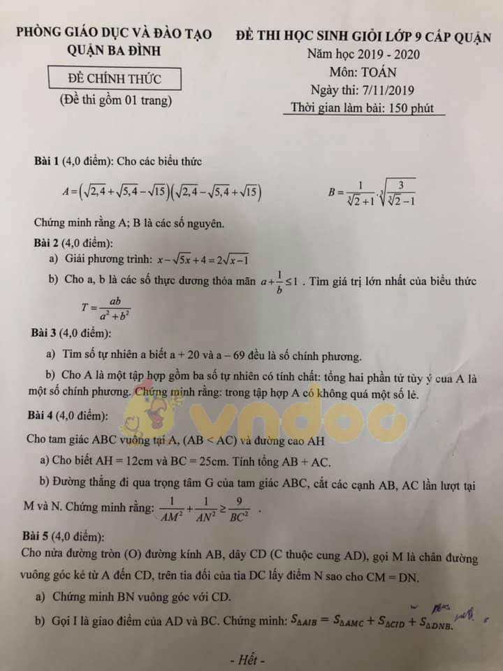Đề thi chọn học sinh giỏi cấp huyện lớp 9 môn Toán Phòng GD&ĐT Thanh Chương năm học 2019 - 2020 (vòng 1)