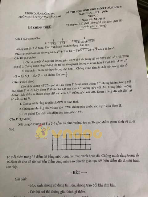 Đề thi chọn học sinh giỏi lớp 9 môn Toán Phòng GD&ĐT quận Đống Đa năm học 2019 - 2020 (vòng 2)