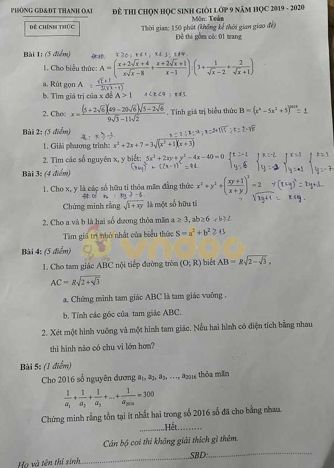 Đề thi chọn học sinh giỏi lớp 9 môn Toán Phòng GD&ĐT Thanh Oai năm học 2019 - 2020