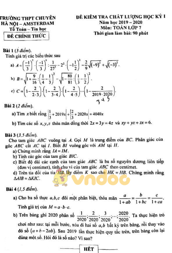 Đề thi học kì 1 lớp 7 môn Toán