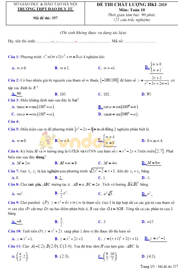 Đề thi giữa học kì 1 lớp 10 môn Toán Trường THPT Võ Thành Trinh, An Giang năm học 2019 - 2020