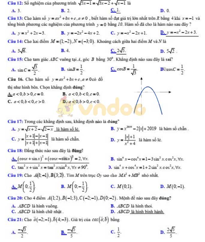 Đề thi giữa học kì 1 lớp 10 môn Toán Trường THPT Võ Thành Trinh, An Giang năm học 2019 - 2020