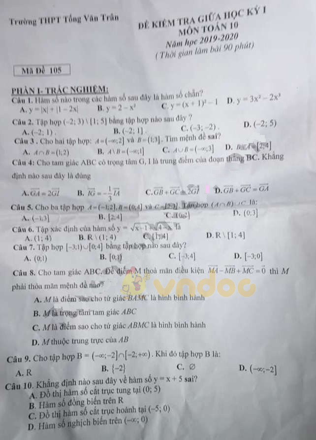 Đề thi giữa học kì 1 lớp 10 môn Toán Trường THPT Tống Văn Trân năm học 2019 - 2020