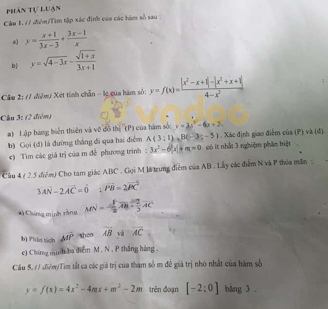 Đề thi giữa học kì 1 lớp 10 môn Toán Trường THPT Tống Văn Trân năm học 2019 - 2020
