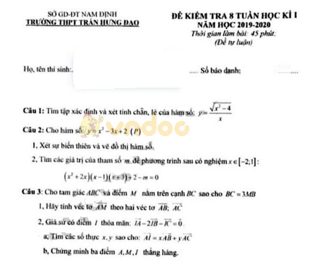 Đề thi giữa học kì 1 lớp 10 môn Toán Trường THPT Trần Hưng Đạo, Nam Định năm học 2019 - 2020