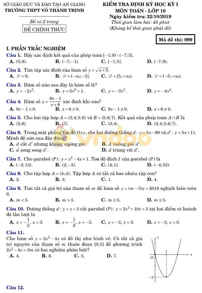 Đề thi giữa học kì 1 lớp 10 môn Toán Trường THPT Võ Thành Trinh, An Giang năm học 2019 - 2020