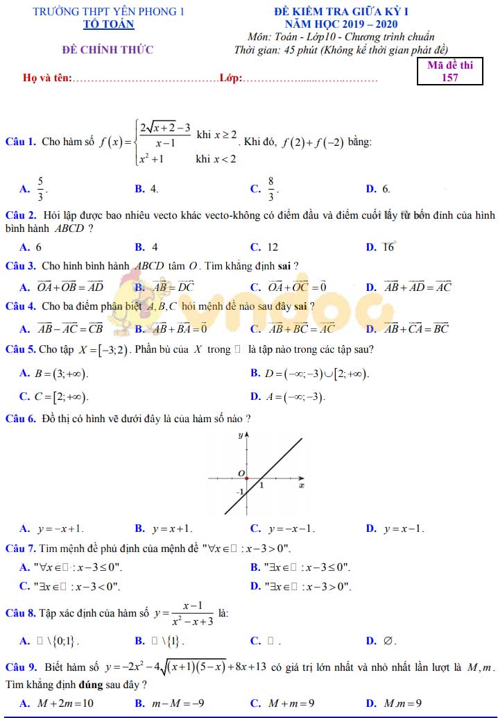 Đề thi giữa học kì 1 lớp 10 môn Toán Trường THPT Yên Phong 1 năm học 2019 - 2020