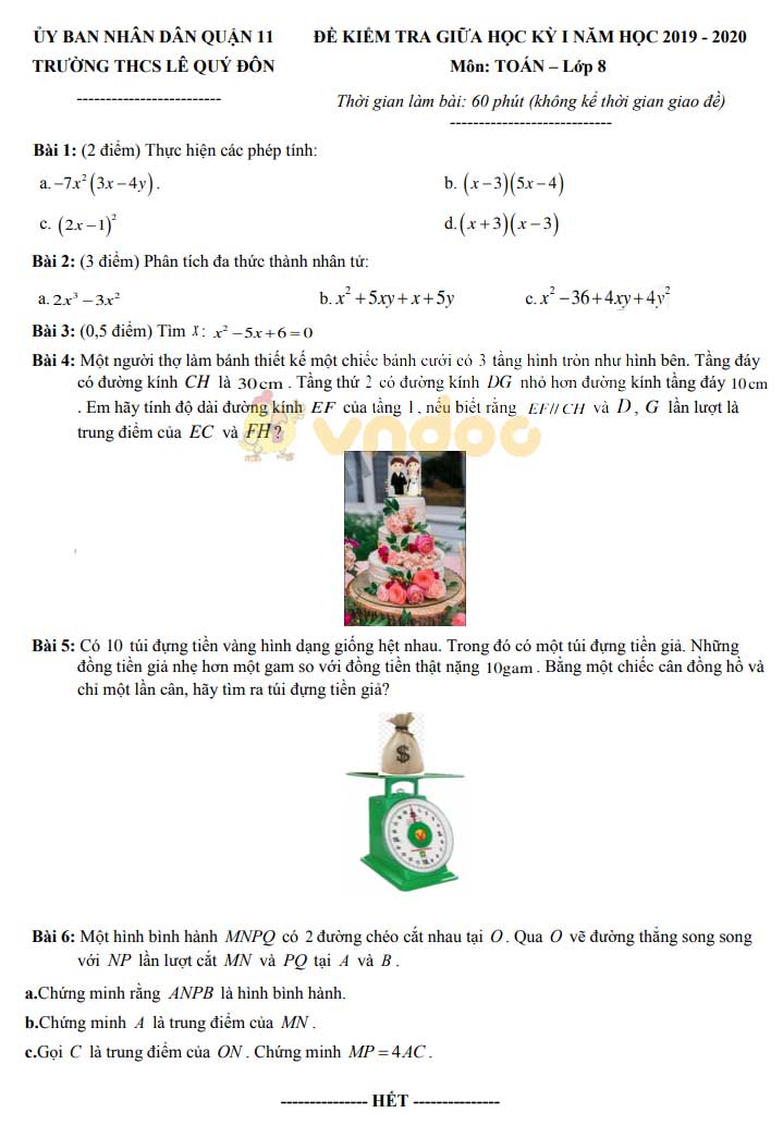 Đề thi giữa học kì 1 lớp 8 môn Toán Trường THCS Lê Quý Đôn, Quận 11 năm học 2019 - 2020