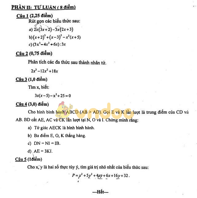 Đề thi giữa học kì 1 lớp 8 môn Toán Trường THCS Quang Trung, Nam Định năm học 2019 - 2020