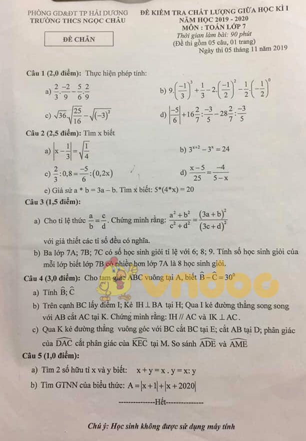 Đề thi giữa kì 1 lớp 7 môn Toán