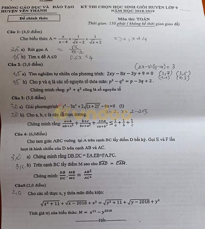 Đề thi chọn học sinh giỏi cấp huyện lớp 9 môn Toán Phòng GD&ĐT huyện Yên Thành năm học 2018 - 2019