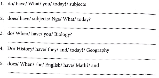 Bài tập ngữ pháp tiếng Anh lớp 4 Unit 8 What subjects do you have today?
