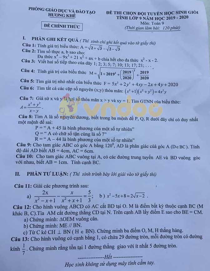 Đề thi chọn học sinh giỏi cấp tỉnh lớp 9 môn Toán Phòng GD&ĐT Hương Khê năm học 2019 - 2020