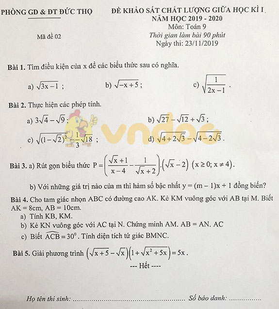 Đề thi giữa học kì 1 lớp 9 môn Toán Phòng GD&ĐT Đức Thọ năm học 2019 - 2020 (đề 2)