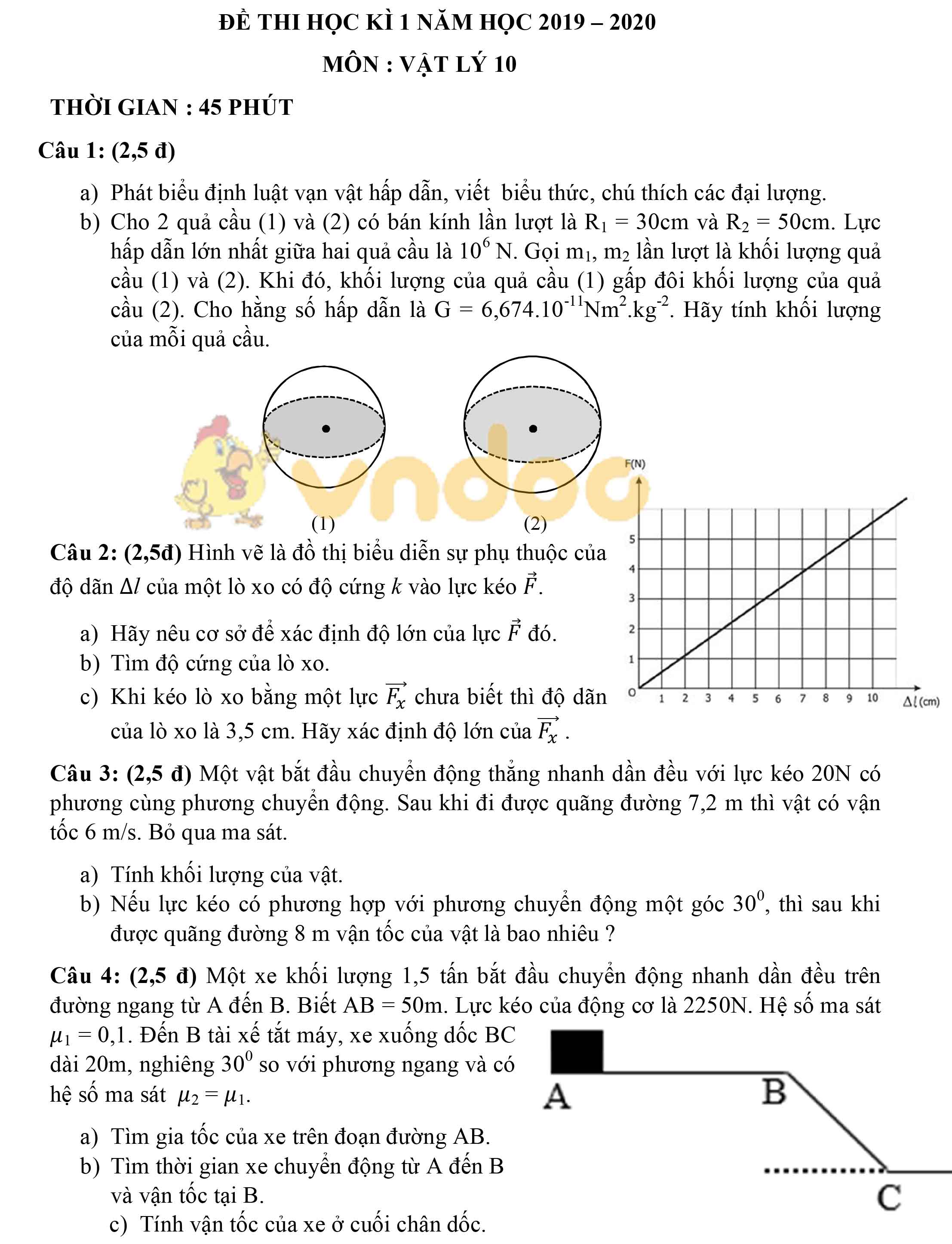 Đề thi học kì 1 lớp 10 môn Vật lý năm học 2019 - 2020
