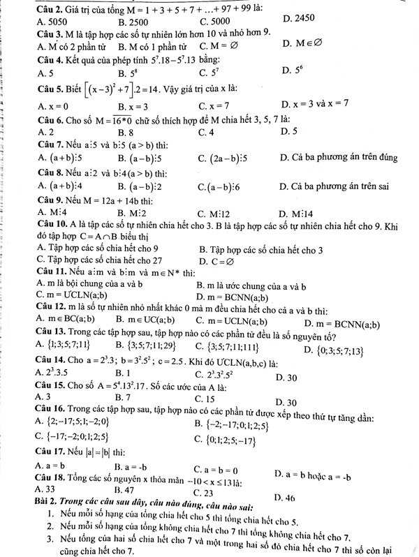 Đề cương ôn tập học kì 1 môn Toán lớp 6