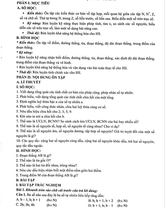 Đề cương ôn tập học kì 1 môn Toán lớp 6