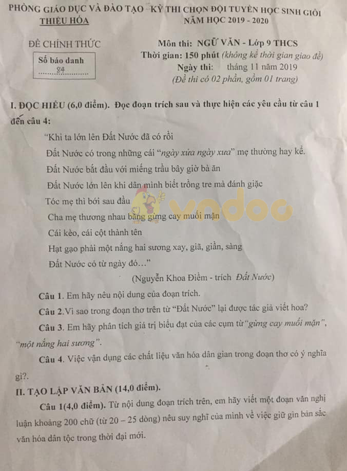 Đề thi chọn học sinh giỏi lớp 9 môn Ngữ văn Phòng GD&ĐT Thiệu Hóa năm học 2019 - 2020