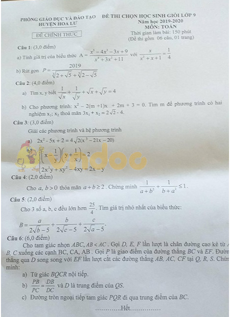 Đề thi chọn học sinh giỏi lớp 9 môn Toán Phòng GD&ĐT huyện Hoa Lư năm học 2019 - 2020