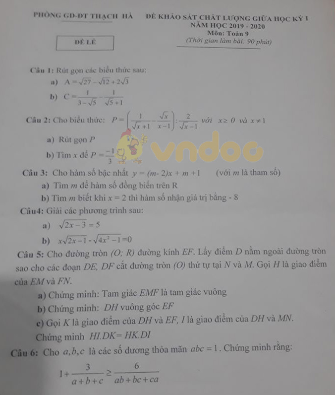 Đề thi giữa học kì 1 lớp 9 môn Toán Phòng GD&ĐT Thạch Hà năm học 2019 - 2020 (đề lẻ)