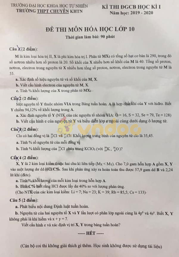 Đề thi học kì 1 lớp 10 môn Hóa học Trường THPT Chuyên KHTN năm học 2019 - 2020