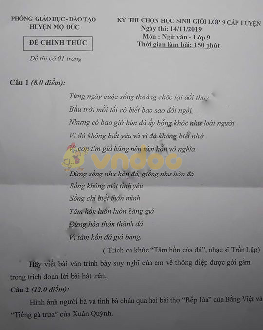 Đề thi chọn học sinh giỏi cấp huyện lớp 9 môn Ngữ văn Phòng GD&ĐT huyện Mộ Đức năm học 2019 - 2020
