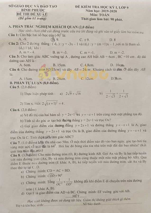 Đề thi học kì 1 lớp 9 môn Toán Sở GD&ĐT Bình Phước năm học 2019 - 2020