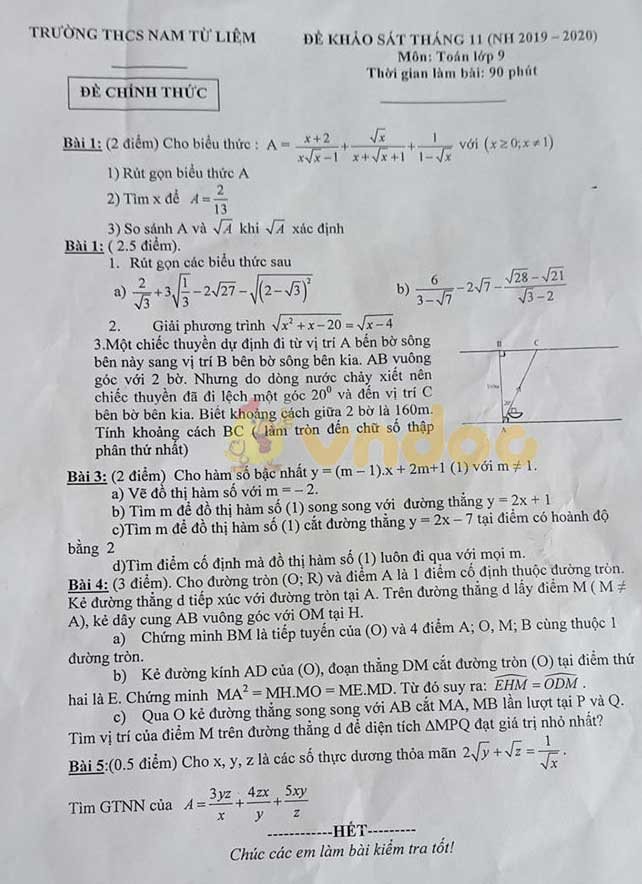 Đề thi KSCL lớp 9 môn Toán trường THCS Nam Từ Liêm năm học 2019 - 2020