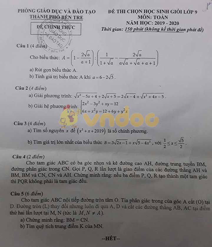 Đề thi chọn học sinh giỏi lớp 9 môn Toán Phòng GD&ĐT thành phố Bến Tre năm học 2019 - 2020