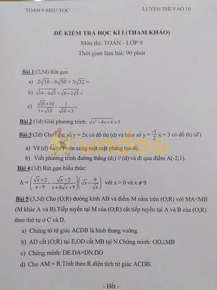 Đề thi học kì 1 lớp 9 môn Toán năm học 2019 - 2020