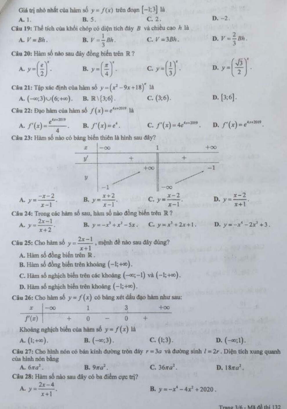 Đề thi học kì 1 Toán 12 năm học 2019 - 2020 tỉnh Bạc Liêu