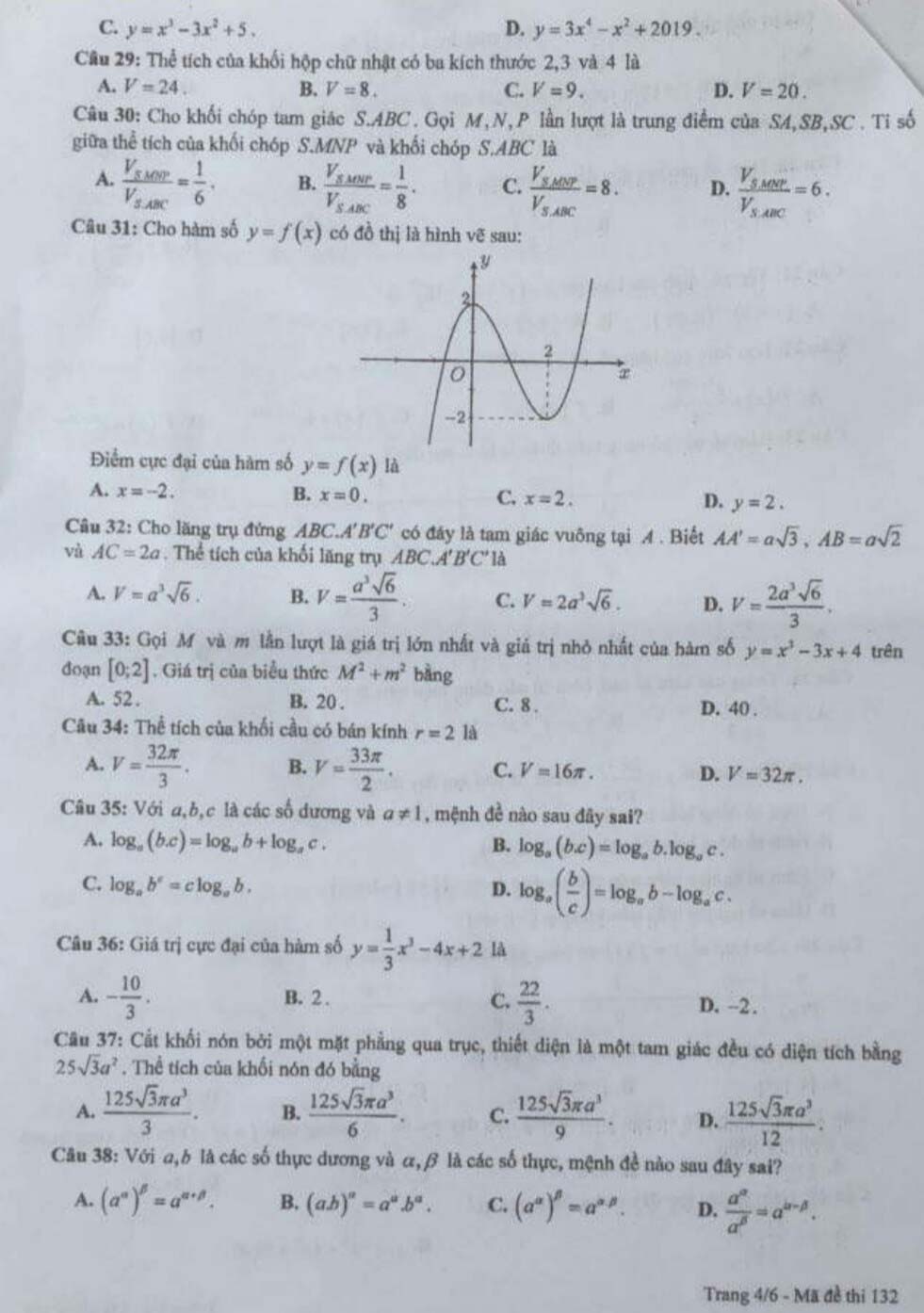 Đề thi học kì 1 Toán 12 năm học 2019 - 2020 tỉnh Bạc Liêu