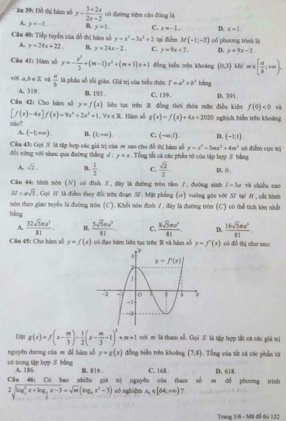 Đề thi học kì 1 Toán 12 năm học 2019 - 2020 tỉnh Bạc Liêu
